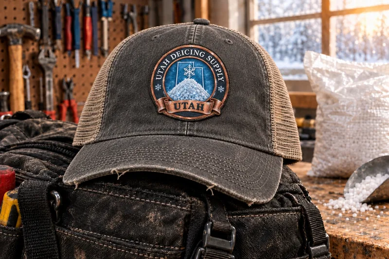 Utah Deicing Supply trucker cap on a tool bag in a workshop