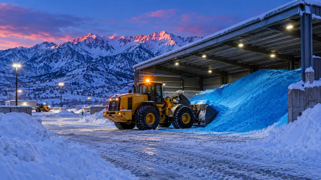 Loader moving blue treated salt under a lit salt shed at blue hour with snowy mountains behind