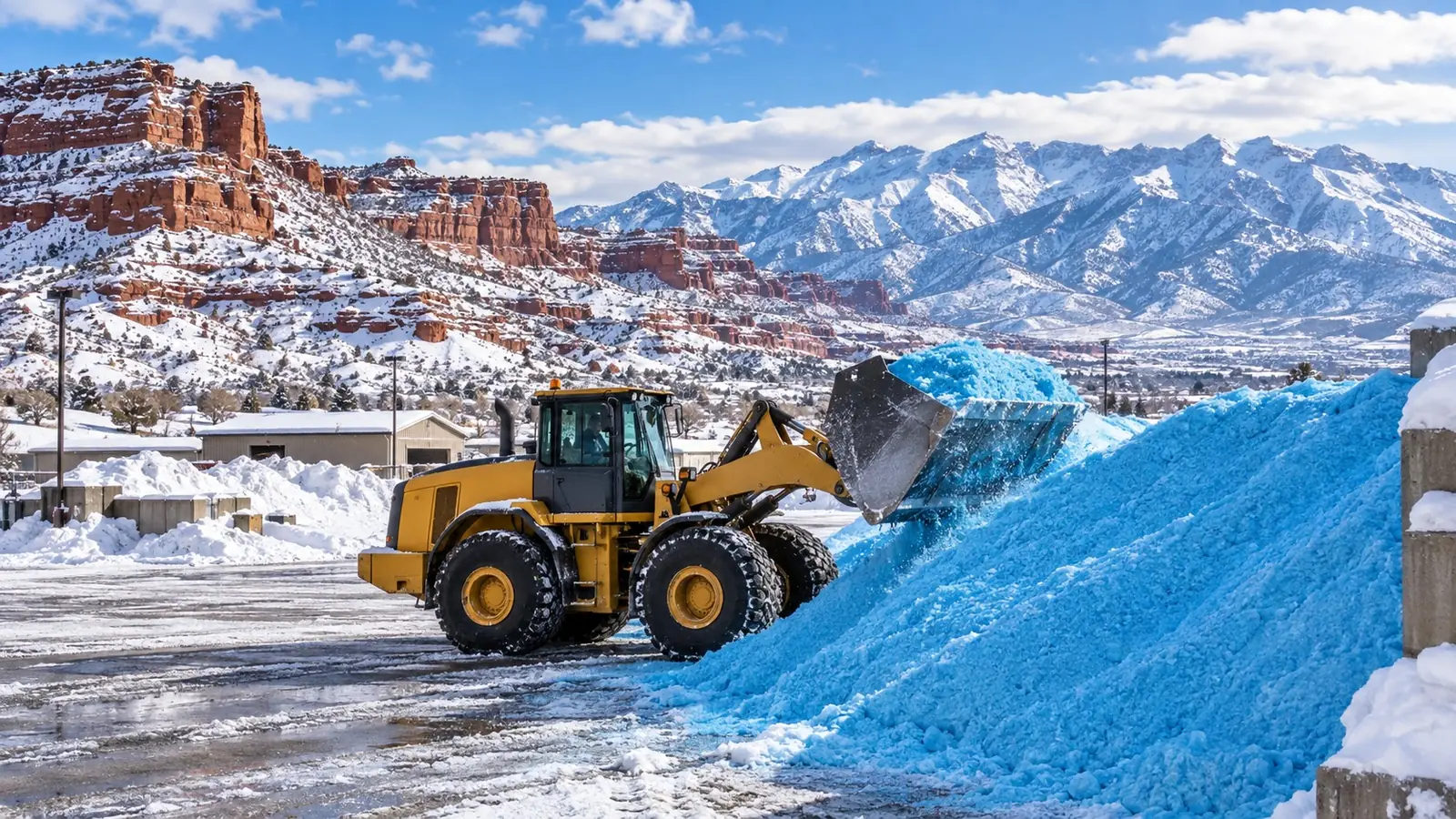 Loader pushing a pile of blue treated salt on a plowed lot below red rock cliffs and snowy peaks