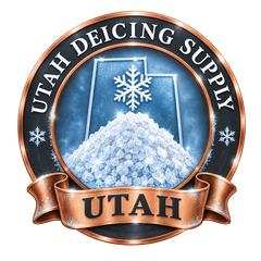 Utah Deicing Supply badge: snowflake and Utah outline over a salt pile